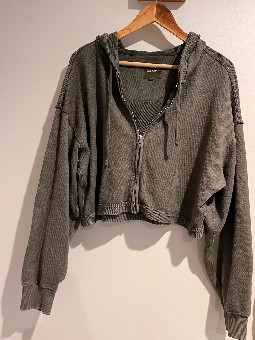 Aerie Olive Green Full Zip Cropped Hoodie Sweatshirt Size Large Oversized